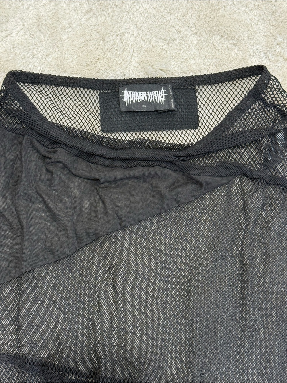 DARKER WAVS black mesh fishnet knit asymmetrical raw fray hem mini skirt - Picture 3 of 6